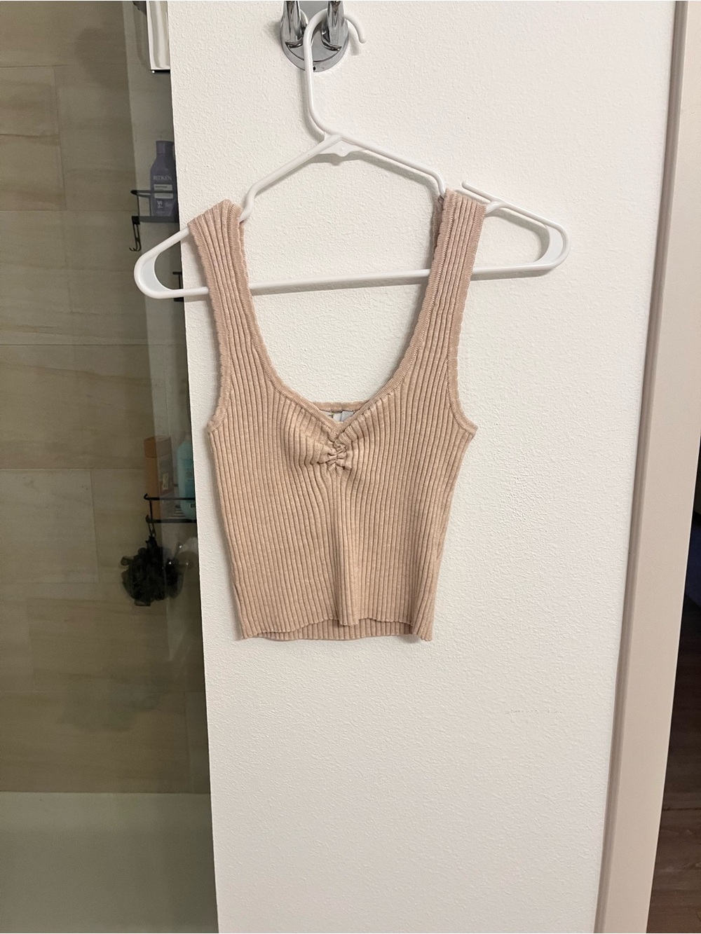 Pink Rose Ribbed Knot-Front Tank Top - Beige Blush